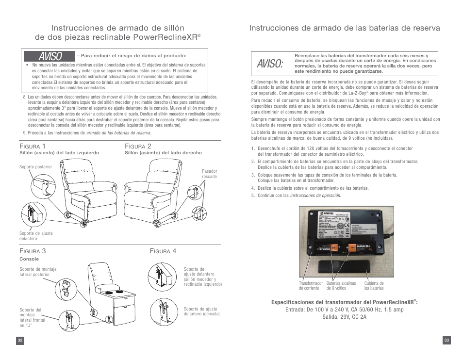 Aviso, Instrucciones de armado de las baterías de reserva | La-Z-Boy PowerReclineXR 08/11/2014-01/18/2015 User Manual | Page 17 / 31