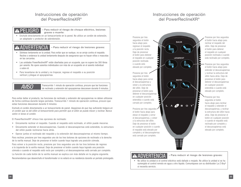 Aviso, Peligro, Advertencia | Instrucciones de operación del powerreclinexr | La-Z-Boy PowerReclineXR 08/11/2014-01/18/2015 User Manual | Page 18 / 31