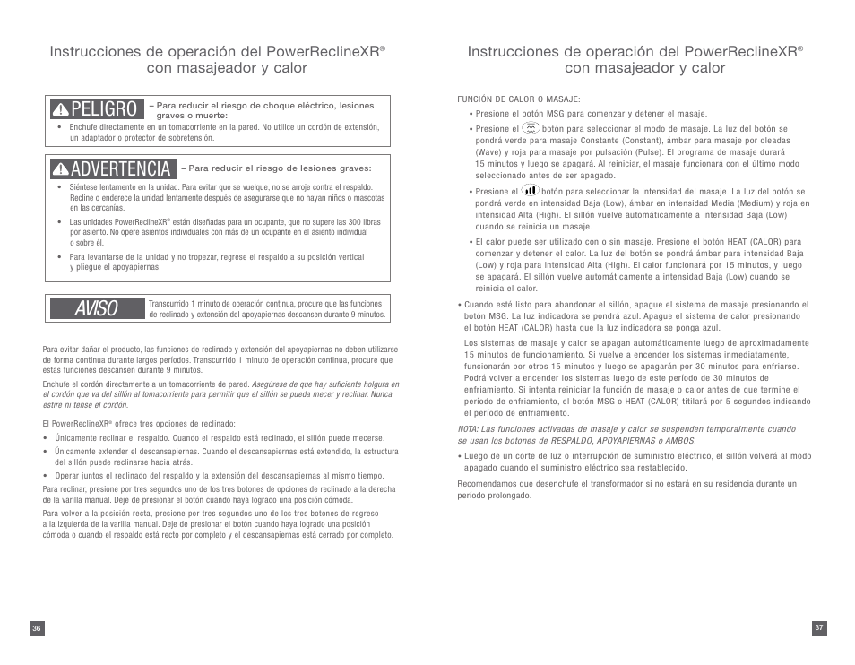 Aviso, Peligro, Advertencia | Instrucciones de operación del powerreclinexr, Con masajeador y calor | La-Z-Boy PowerReclineXR 08/11/2014-01/18/2015 User Manual | Page 19 / 31