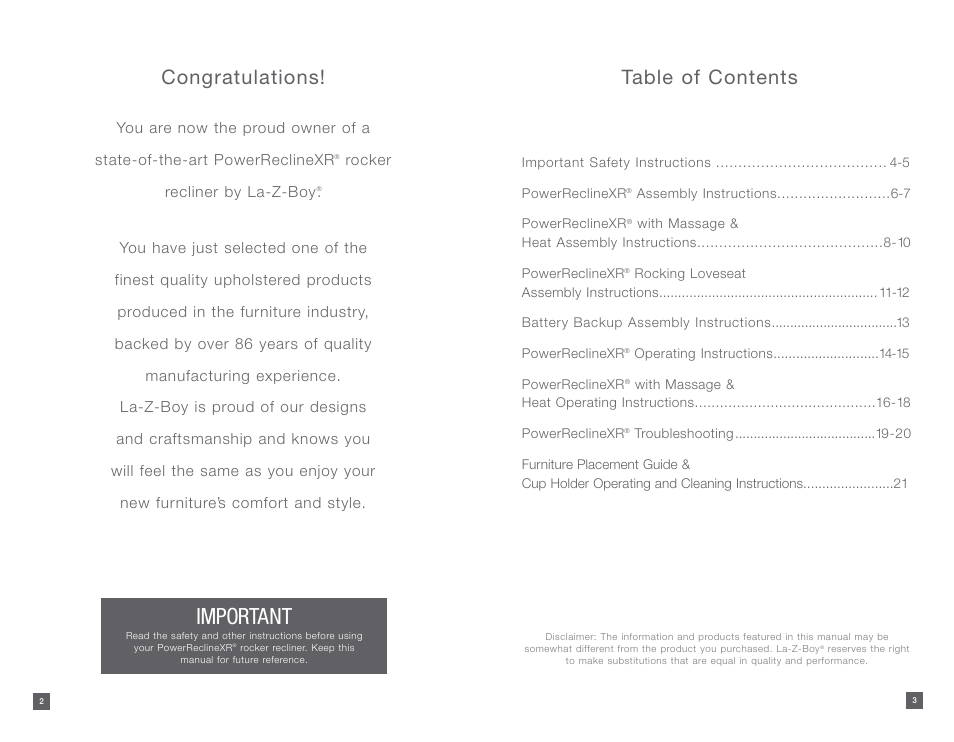 La-Z-Boy PowerReclineXR 08/11/2014-01/18/2015 User Manual | Page 2 / 31