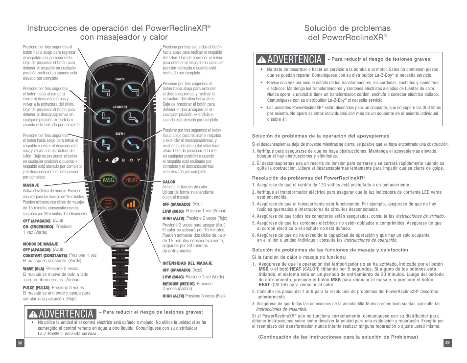 Advertencia, Instrucciones de operación del powerreclinexr, Con masajeador y calor | Solución de problemas del powerreclinexr | La-Z-Boy PowerReclineXR 08/11/2014-01/18/2015 User Manual | Page 20 / 31