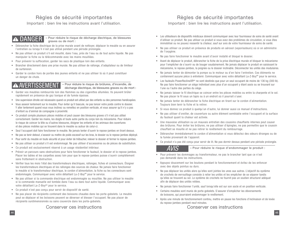 Danger avertissement, Avis, Règles de sécurité importantes | Conserver ces instructions | La-Z-Boy PowerReclineXR 08/11/2014-01/18/2015 User Manual | Page 23 / 31