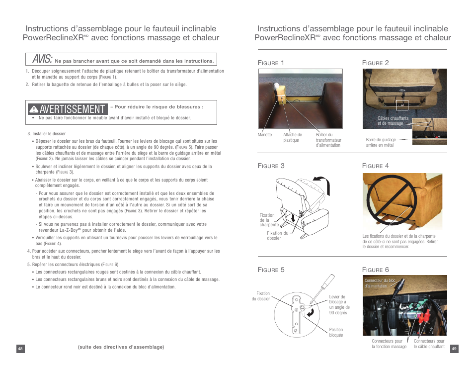 Avis, Avertissement, Avec fonctions massage et chaleur | La-Z-Boy PowerReclineXR 08/11/2014-01/18/2015 User Manual | Page 25 / 31