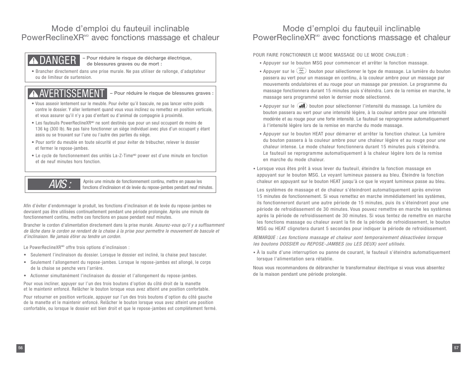 Avis, Danger, Avertissement | Avec fonctions massage et chaleur | La-Z-Boy PowerReclineXR 08/11/2014-01/18/2015 User Manual | Page 29 / 31