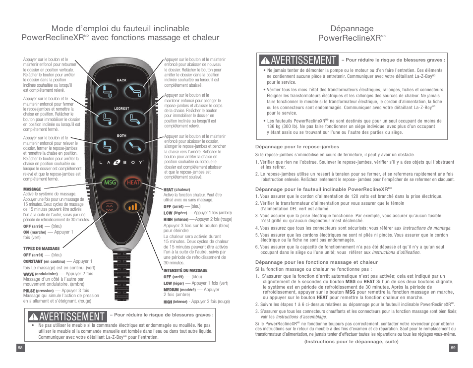 Avertissement, Dépannage powerreclinexr, Avec fonctions massage et chaleur | La-Z-Boy PowerReclineXR 08/11/2014-01/18/2015 User Manual | Page 30 / 31