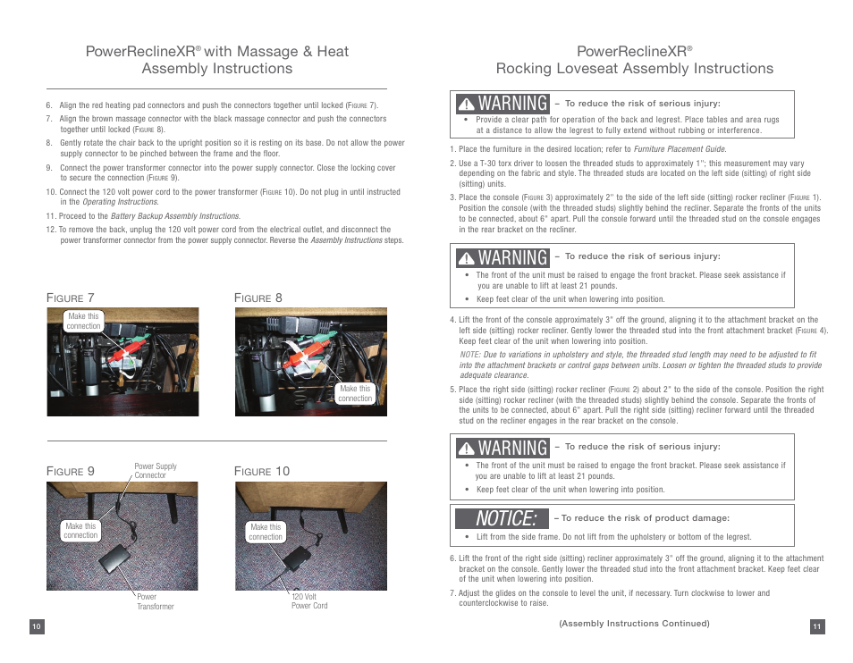 Notice, Warning, Powerreclinexr | With massage & heat assembly instructions, Rocking loveseat assembly instructions | La-Z-Boy PowerReclineXR 08/11/2014-01/18/2015 User Manual | Page 6 / 31