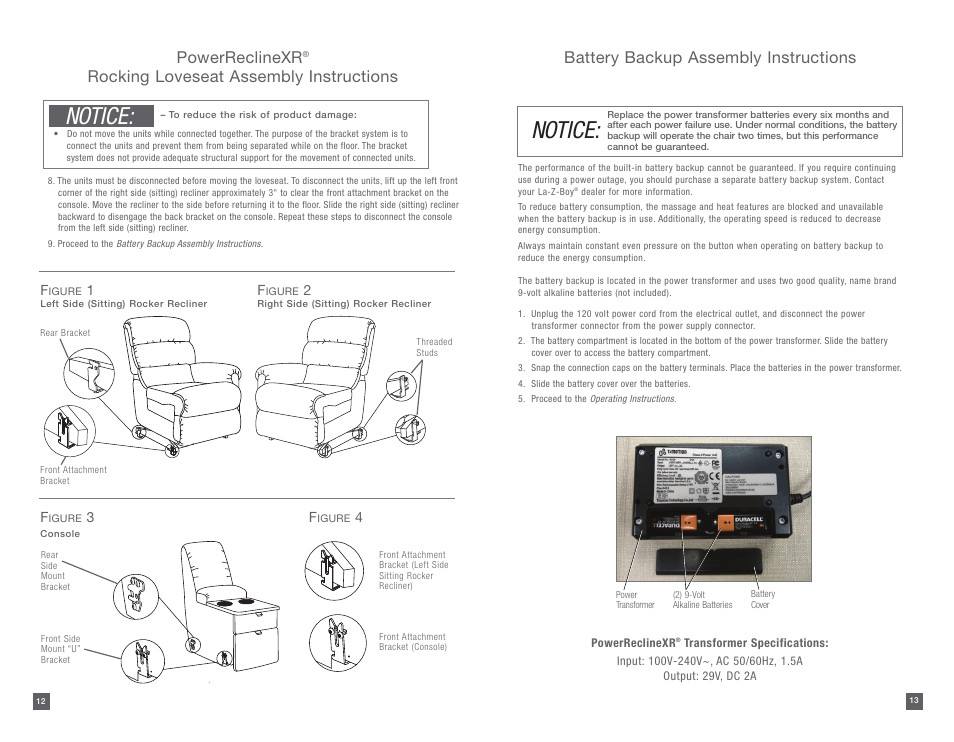 Notice, Powerreclinexr, Rocking loveseat assembly instructions | Battery backup assembly instructions | La-Z-Boy PowerReclineXR 08/11/2014-01/18/2015 User Manual | Page 7 / 31