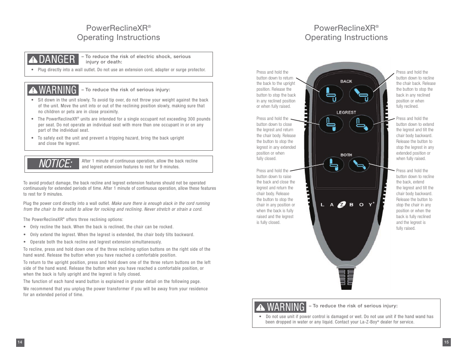 Notice, Danger, Warning | Powerreclinexr, Operating instructions | La-Z-Boy PowerReclineXR 08/11/2014-01/18/2015 User Manual | Page 8 / 31
