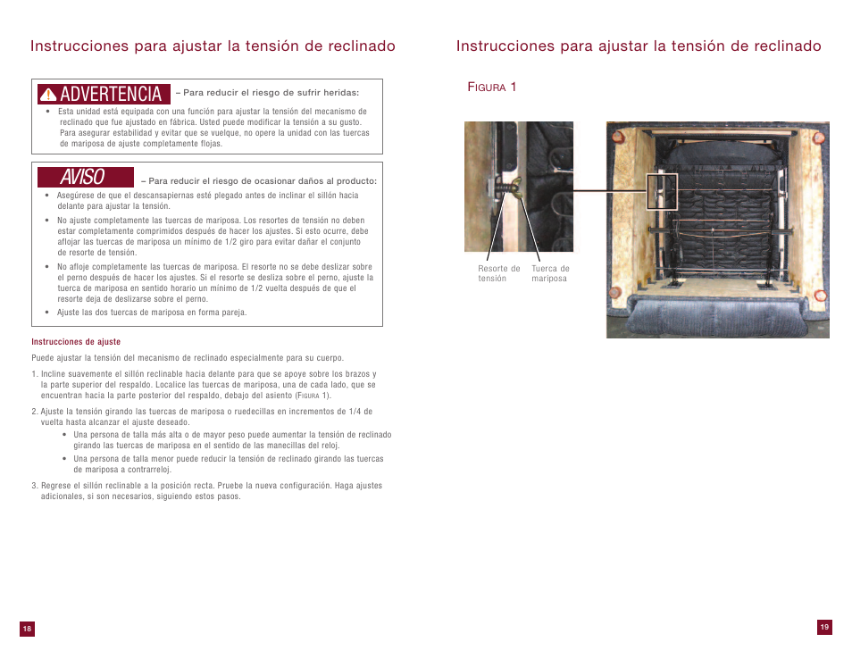 Aviso, Advertencia, Instrucciones para ajustar la tensión de reclinado | La-Z-Boy Extra Large Recliner User Manual | Page 10 / 16