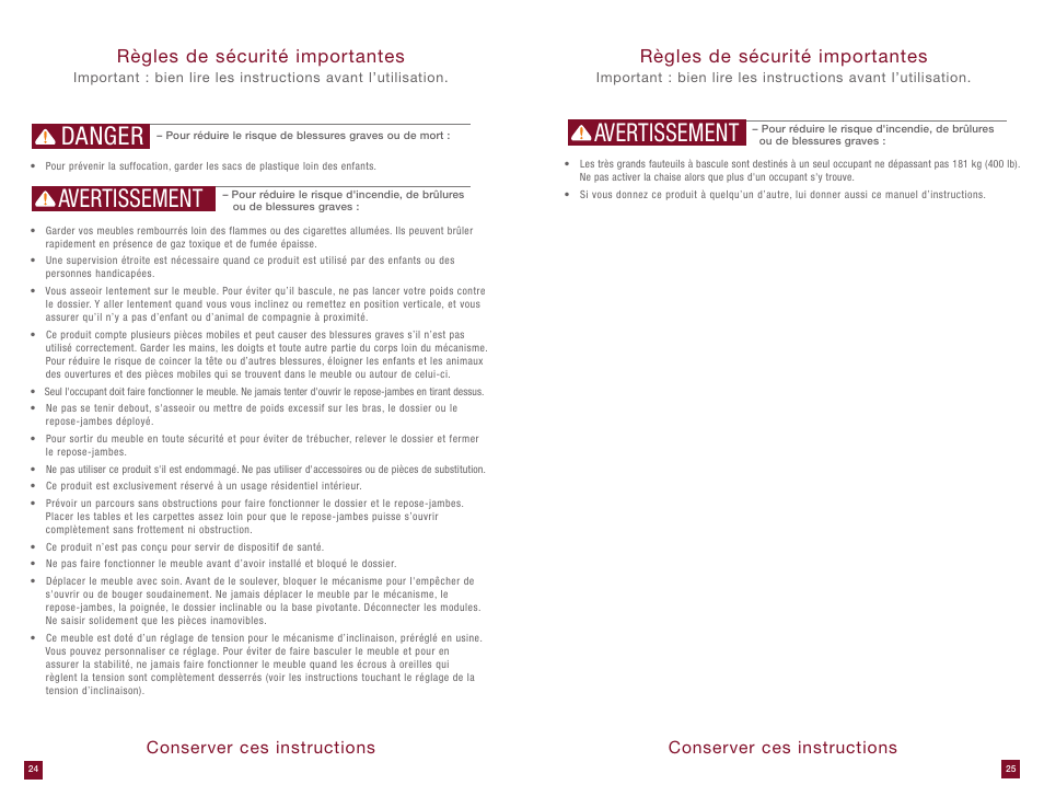 Danger avertissement, Avertissement, Règles de sécurité importantes | Conserver ces instructions | La-Z-Boy Extra Large Recliner User Manual | Page 13 / 16