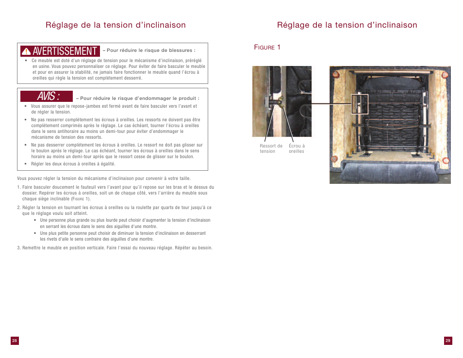 Avis, Avertissement, Réglage de la tension d’inclinaison | La-Z-Boy Extra Large Recliner User Manual | Page 15 / 16