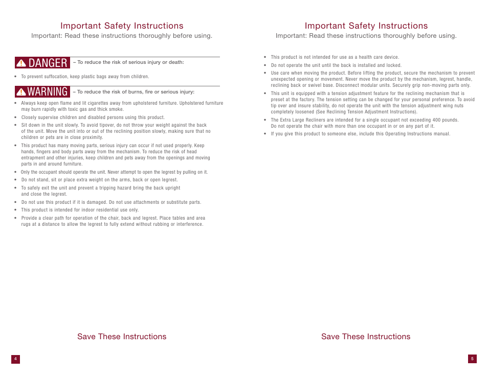 Danger warning, Important safety instructions, Save these instructions | La-Z-Boy Extra Large Recliner User Manual | Page 3 / 16