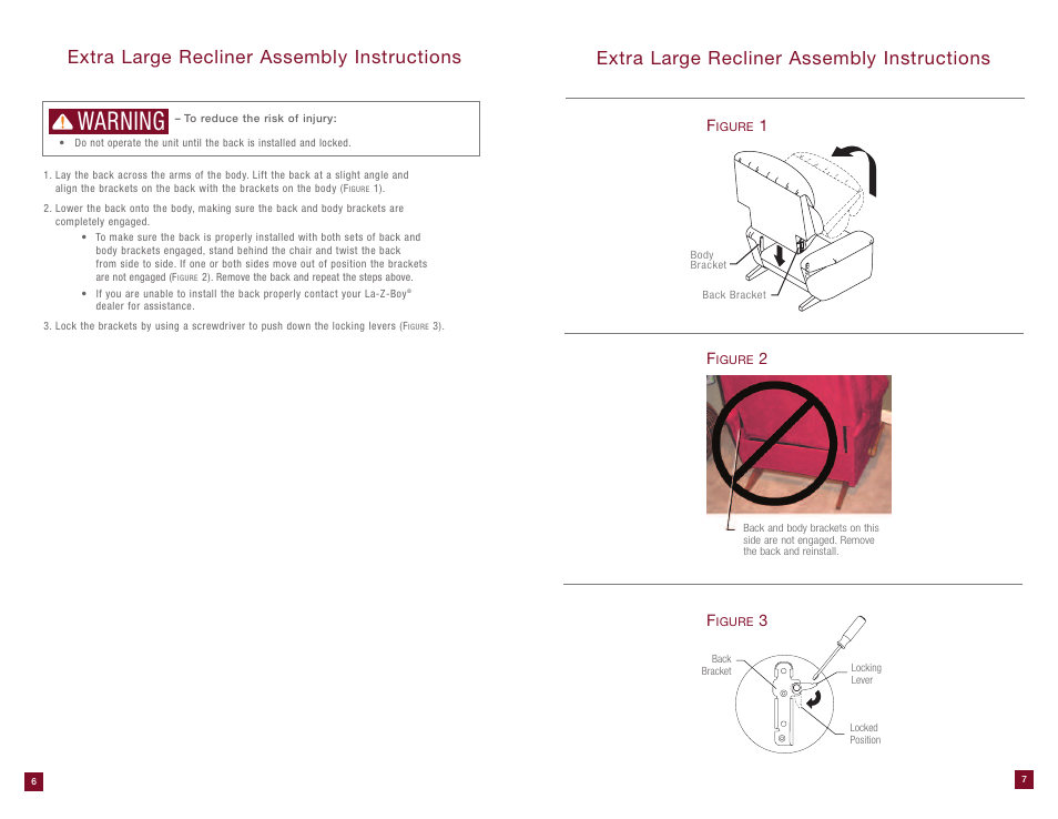 Warning, Extra large recliner assembly instructions | La-Z-Boy Extra Large Recliner User Manual | Page 4 / 16