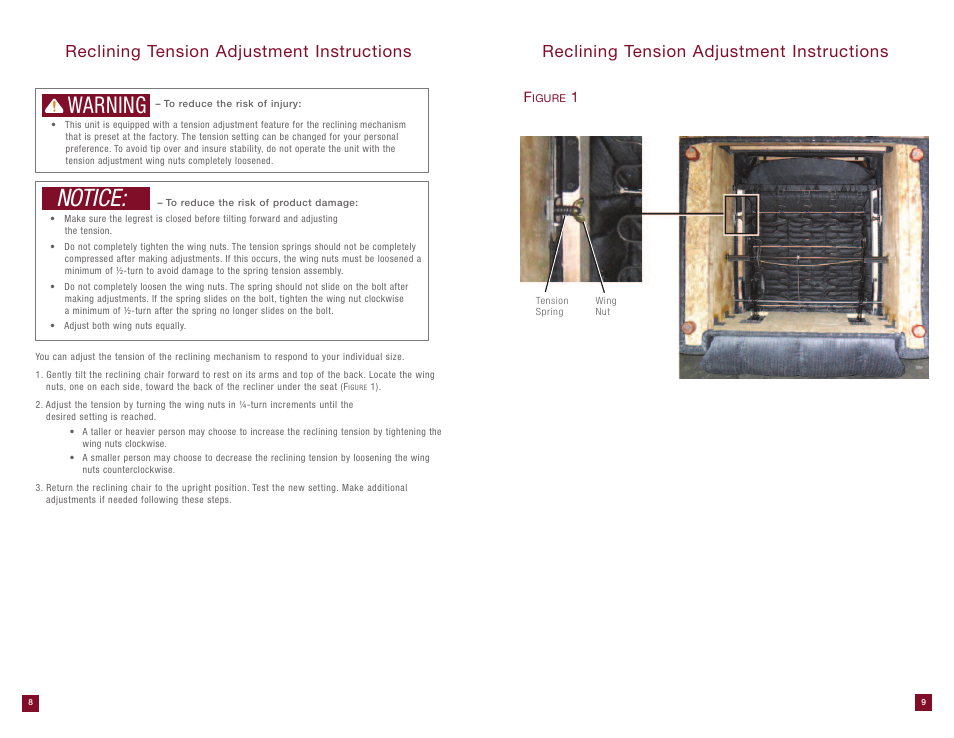 Notice, Warning, Reclining tension adjustment instructions | La-Z-Boy Extra Large Recliner User Manual | Page 5 / 16