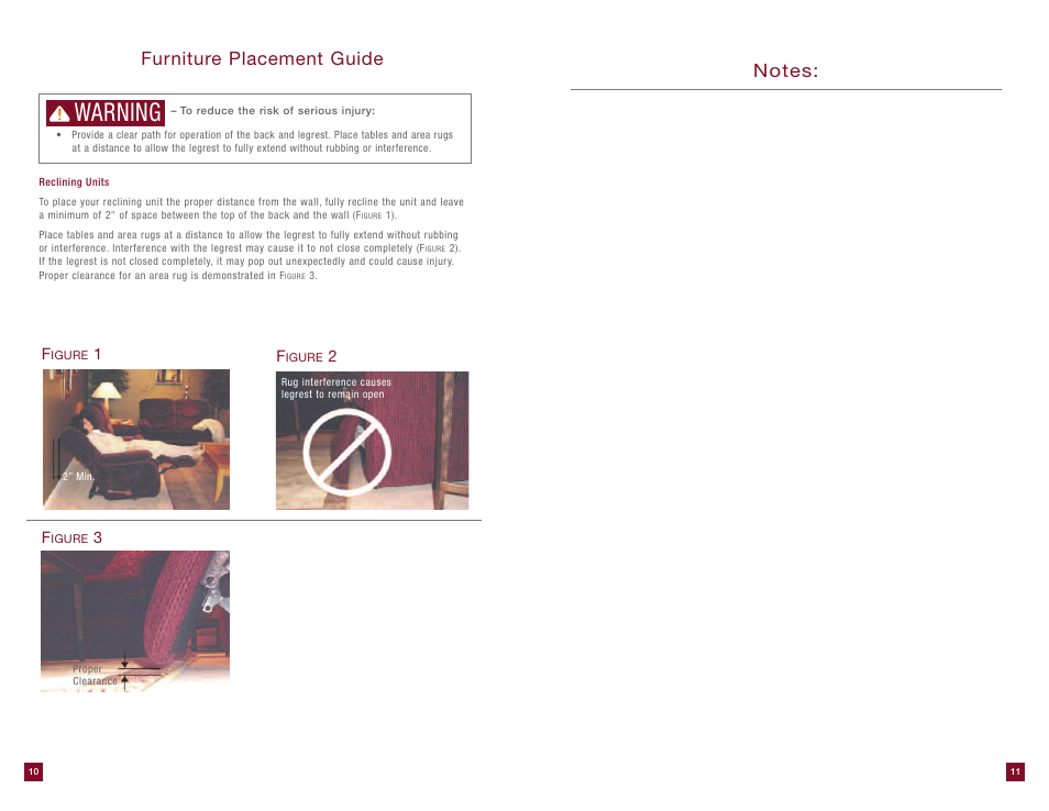 Warning, Furniture placement guide | La-Z-Boy Extra Large Recliner User Manual | Page 6 / 16