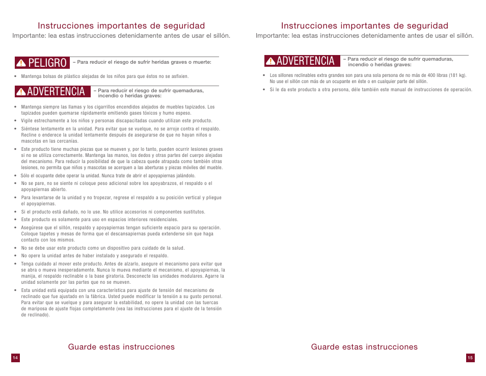 Peligro advertencia, Advertencia, Instrucciones importantes de seguridad | Guarde estas instrucciones | La-Z-Boy Extra Large Recliner User Manual | Page 8 / 16