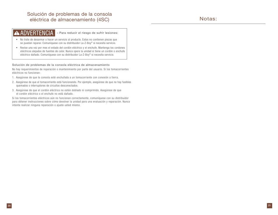 Advertencia, Notas | La-Z-Boy Power Storage Console prior to 12/31/2012 User Manual | Page 11 / 16