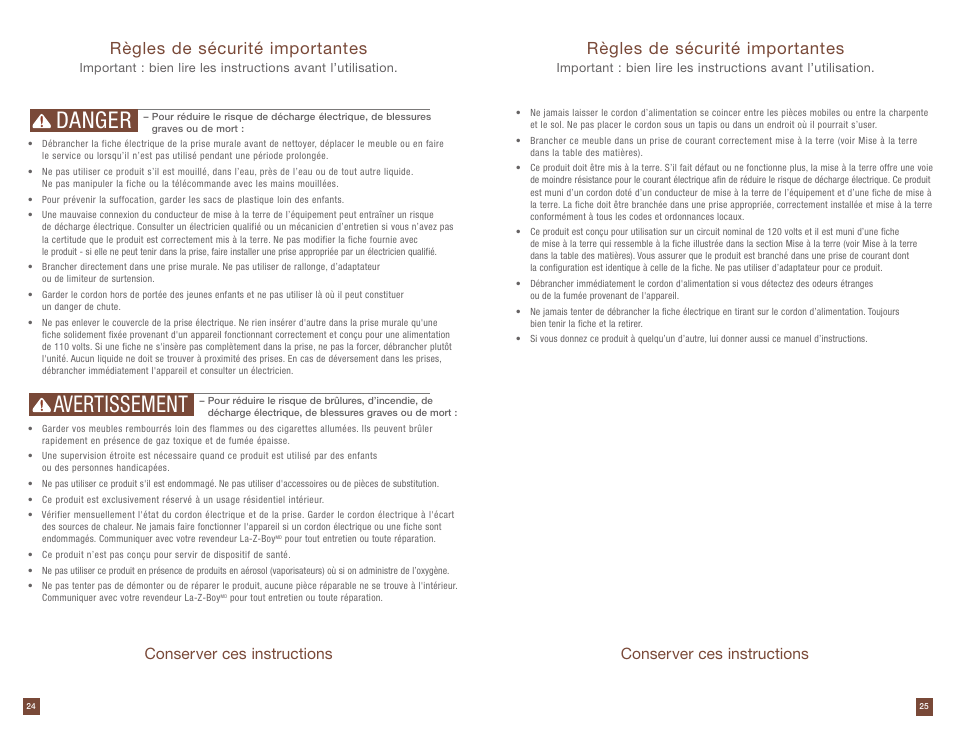 Danger avertissement, Règles de sécurité importantes, Conserver ces instructions | La-Z-Boy Power Storage Console prior to 12/31/2012 User Manual | Page 13 / 16