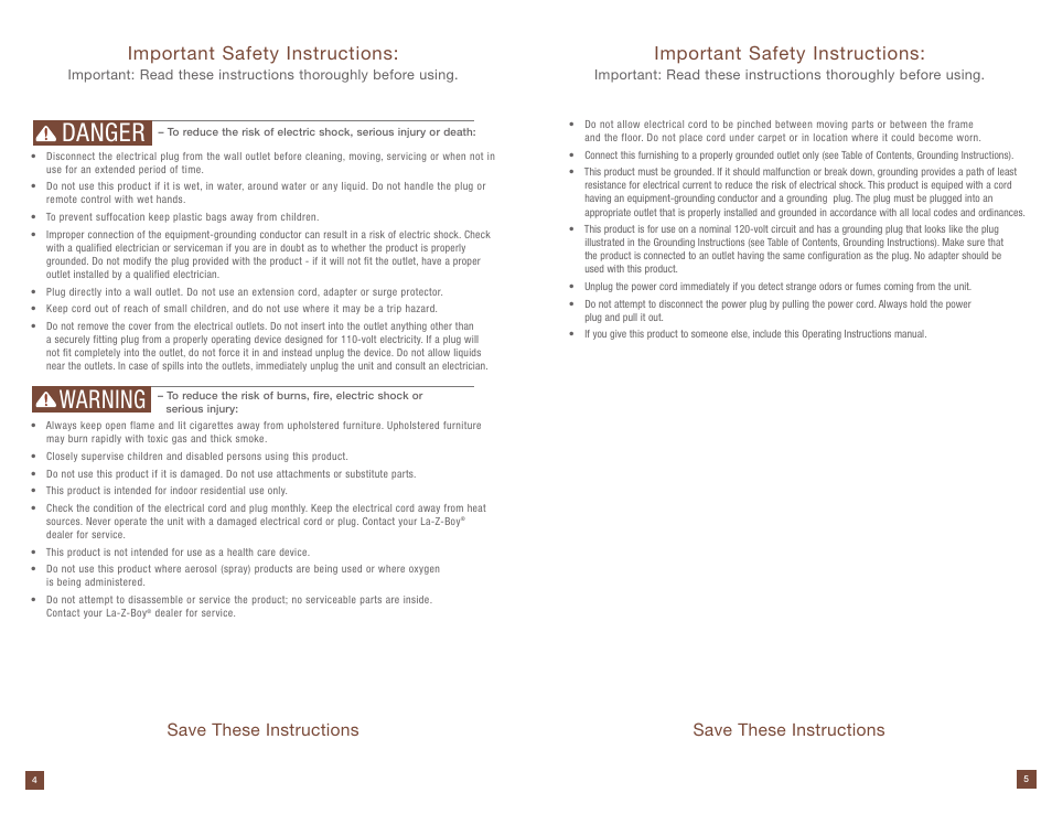 Danger warning, Important safety instructions, Save these instructions | La-Z-Boy Power Storage Console prior to 12/31/2012 User Manual | Page 3 / 16