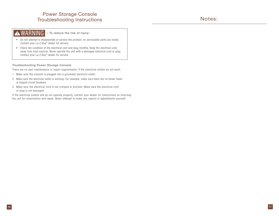 Warning, Power storage console troubleshooting instructions | La-Z-Boy Power Storage Console prior to 12/31/2012 User Manual | Page 6 / 16