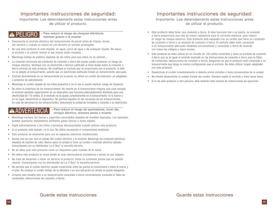 Peligro advertencia, Importantes instrucciones de seguridad, Guarde estas instrucciones | La-Z-Boy Power Storage Console prior to 12/31/2012 User Manual | Page 8 / 16
