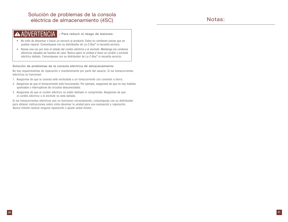 Advertencia, Notas | La-Z-Boy Power Storage Console after 12/31/2012 User Manual | Page 11 / 16