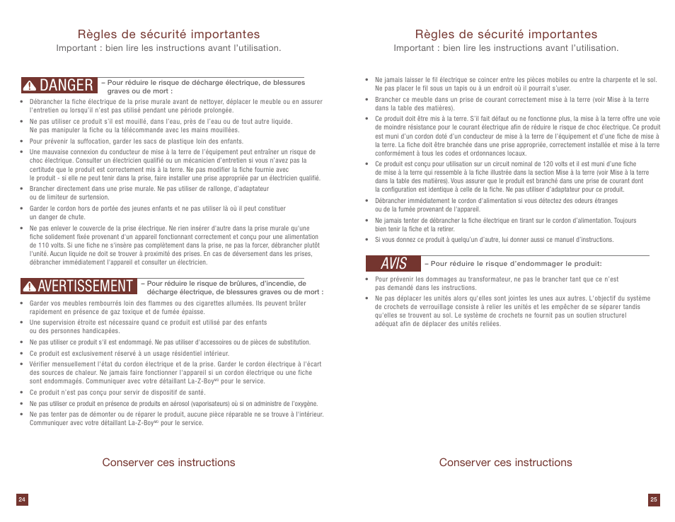 Danger avertissement, Avis, Règles de sécurité importantes | Conserver ces instructions | La-Z-Boy Power Storage Console after 12/31/2012 User Manual | Page 13 / 16