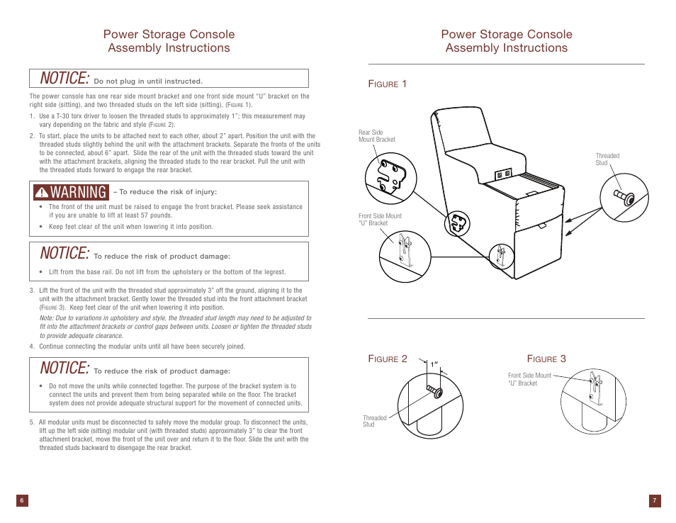 Notice, Warning, Power storage console assembly instructions | La-Z-Boy Power Storage Console after 12/31/2012 User Manual | Page 4 / 16