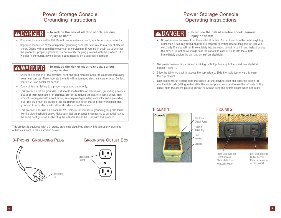 Danger, Warning, Power storage console grounding instructions | Power storage console operating instructions | La-Z-Boy Power Storage Console after 12/31/2012 User Manual | Page 5 / 16