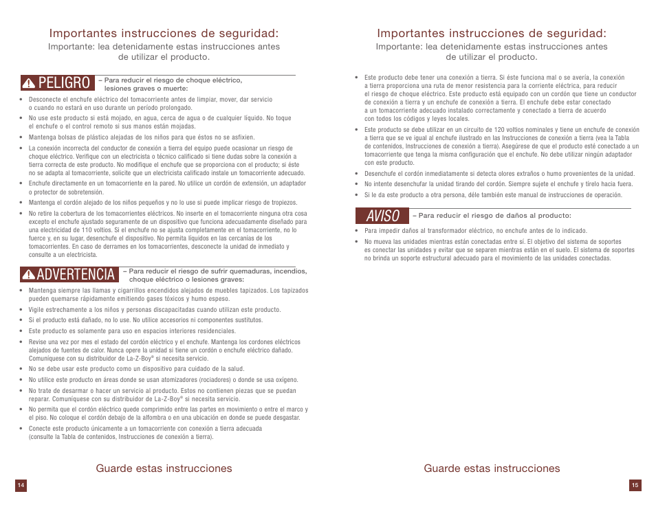 Peligro advertencia, Aviso, Importantes instrucciones de seguridad | Guarde estas instrucciones | La-Z-Boy Power Storage Console after 12/31/2012 User Manual | Page 8 / 16