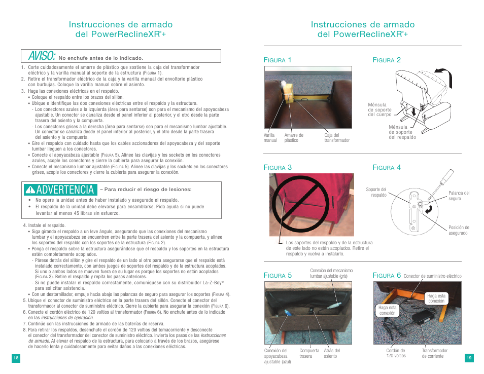 Aviso, Advertencia, Instrucciones de armado del powerreclinexr | La-Z-Boy PowerReclineXR Plus User Manual | Page 10 / 19