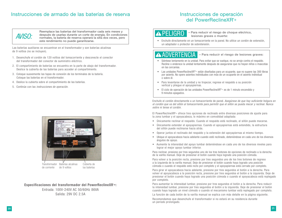 Aviso, Peligro, Advertencia | Instrucciones de operación del powerreclinexr, Instrucciones de armado de las baterías de reserva | La-Z-Boy PowerReclineXR Plus User Manual | Page 11 / 19