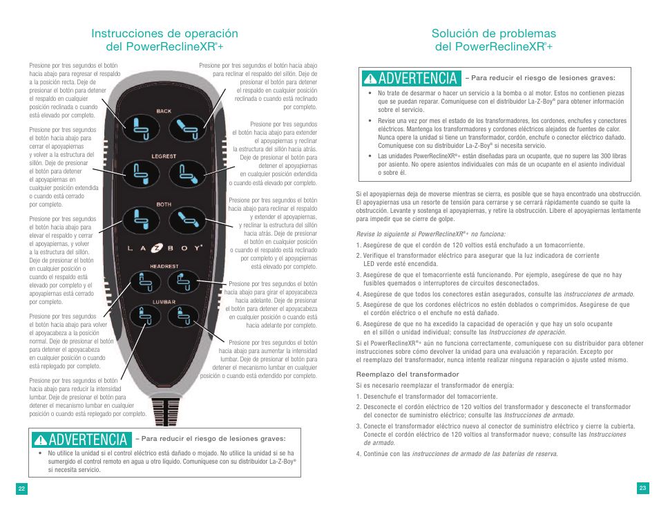 Advertencia, Instrucciones de operación del powerreclinexr, Solución de problemas del powerreclinexr | La-Z-Boy PowerReclineXR Plus User Manual | Page 12 / 19