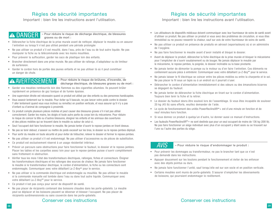 Danger avertissement, Avis, Règles de sécurité importantes | Conserver ces instructions | La-Z-Boy PowerReclineXR Plus User Manual | Page 15 / 19