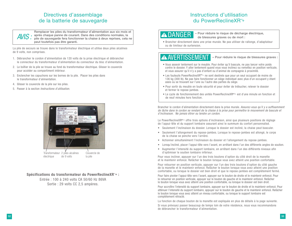 Avis, Danger, Avertissement | Instructions d’utilisation du powerreclinexr | La-Z-Boy PowerReclineXR Plus User Manual | Page 17 / 19