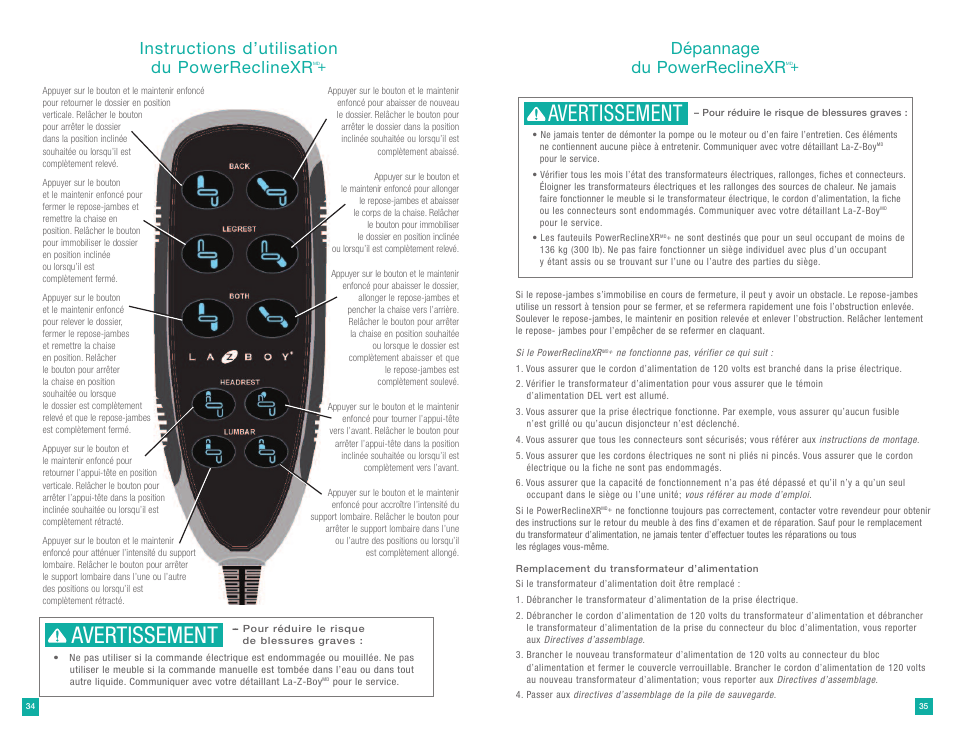 Avertissement, Instructions d’utilisation du powerreclinexr, Dépannage du powerreclinexr | La-Z-Boy PowerReclineXR Plus User Manual | Page 18 / 19