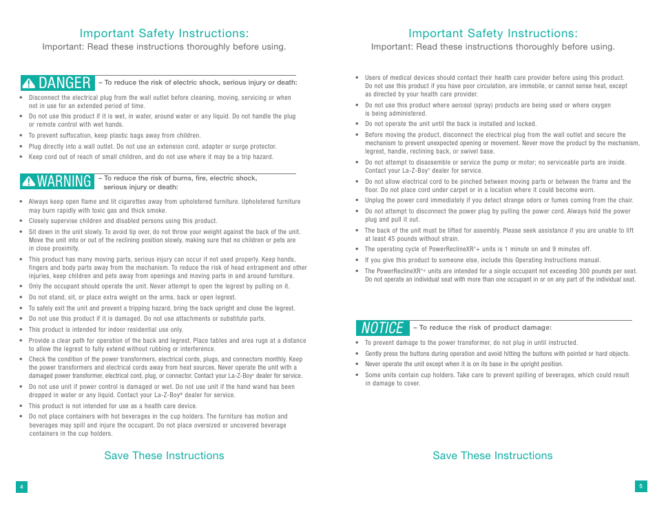Danger warning, Notice, Important safety instructions | Save these instructions | La-Z-Boy PowerReclineXR Plus User Manual | Page 3 / 19