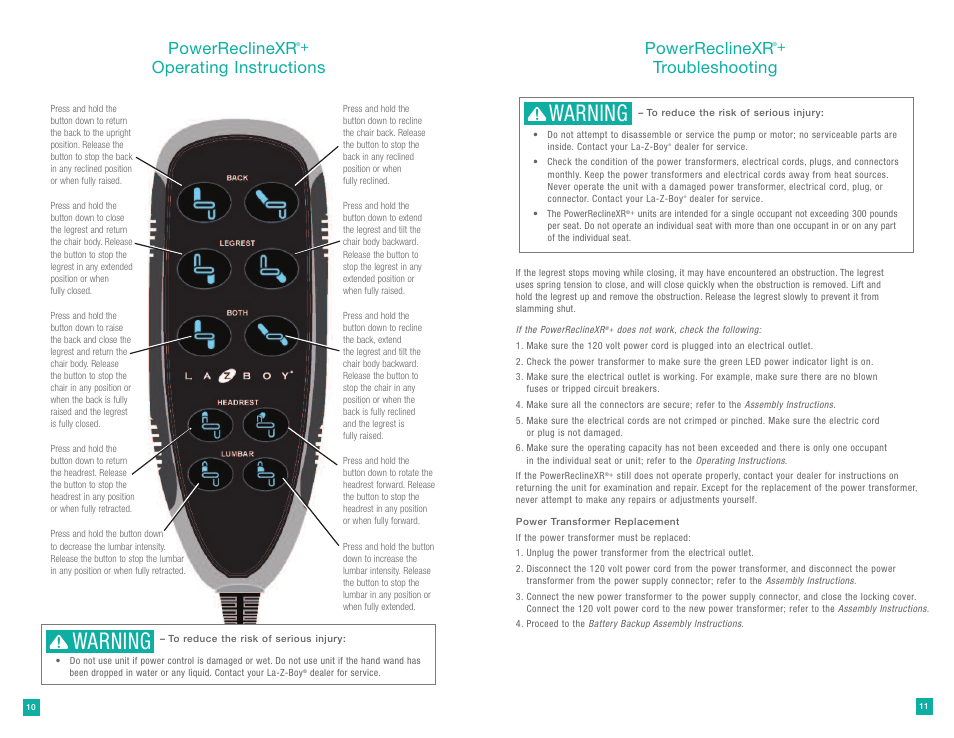 Warning, Powerreclinexr, Operating instructions powerreclinexr | Troubleshooting | La-Z-Boy PowerReclineXR Plus User Manual | Page 6 / 19