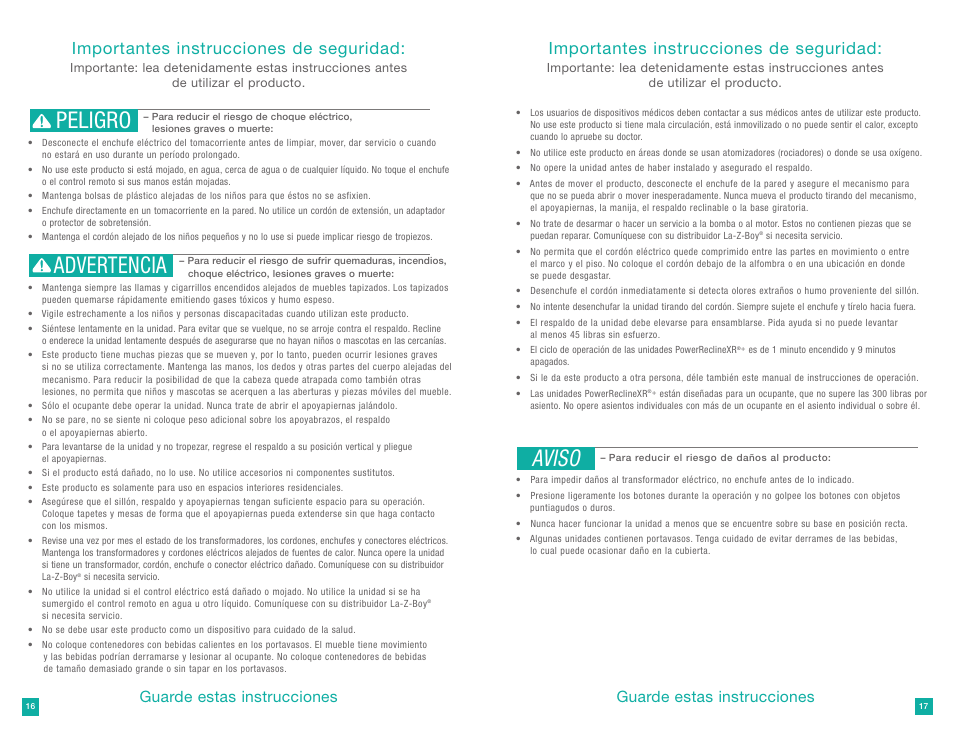 Peligro advertencia, Aviso, Importantes instrucciones de seguridad | Guarde estas instrucciones | La-Z-Boy PowerReclineXR Plus User Manual | Page 9 / 19