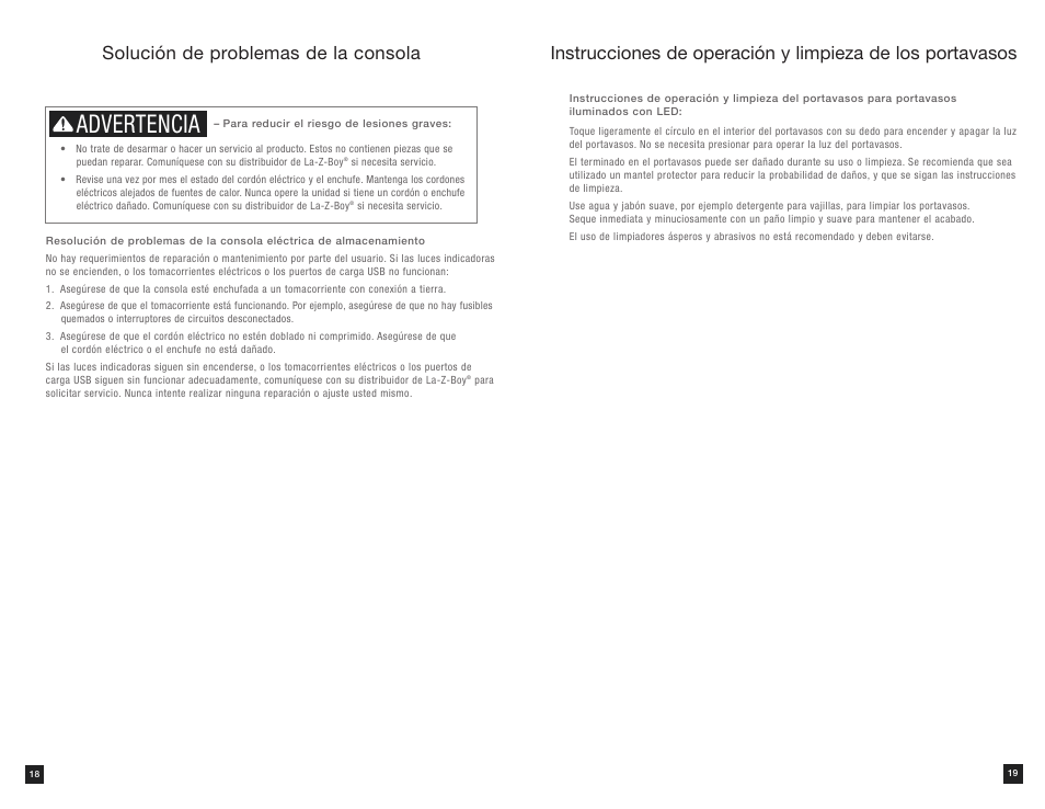 Advertencia, Solución de problemas de la consola | La-Z-Boy Power Bundle Console User Manual | Page 11 / 16