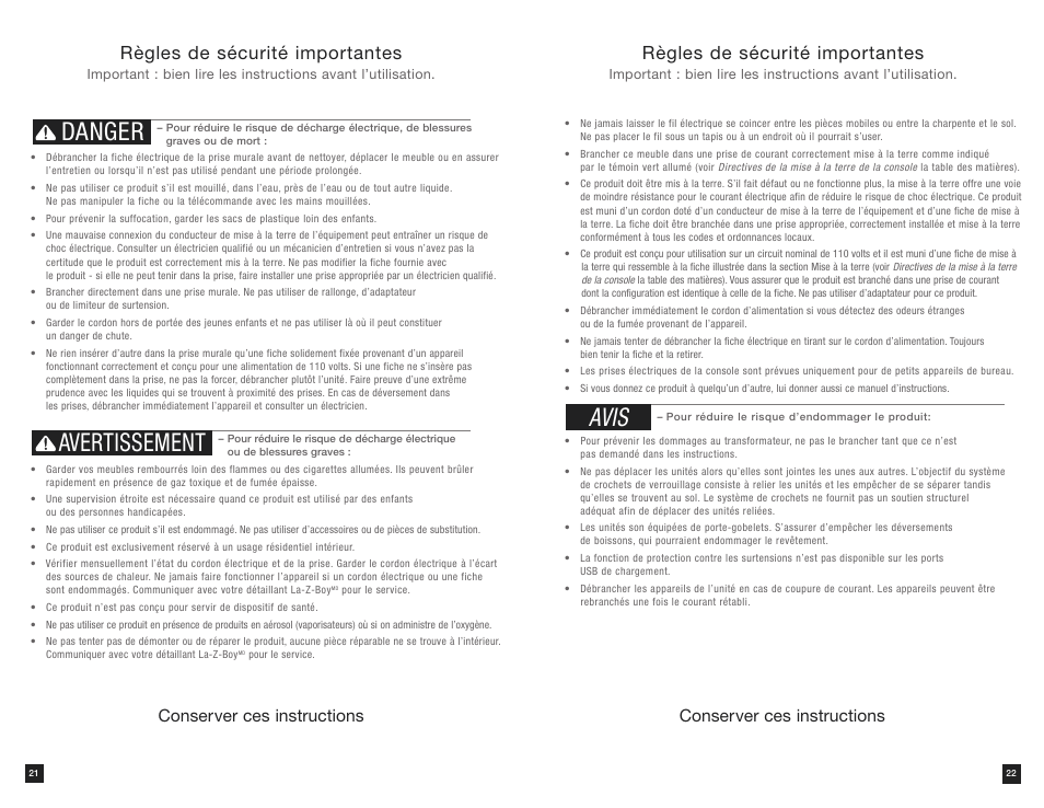 Danger avertissement, Avis, Règles de sécurité importantes | Conserver ces instructions | La-Z-Boy Power Bundle Console User Manual | Page 13 / 16