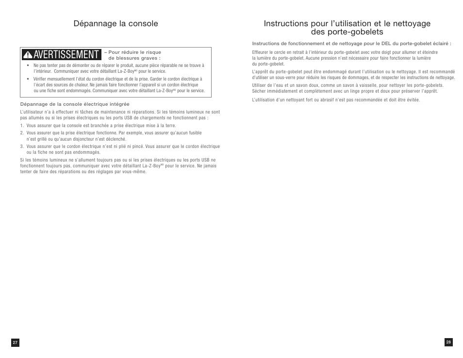 Avertissement, Dépannage la console | La-Z-Boy Power Bundle Console User Manual | Page 16 / 16