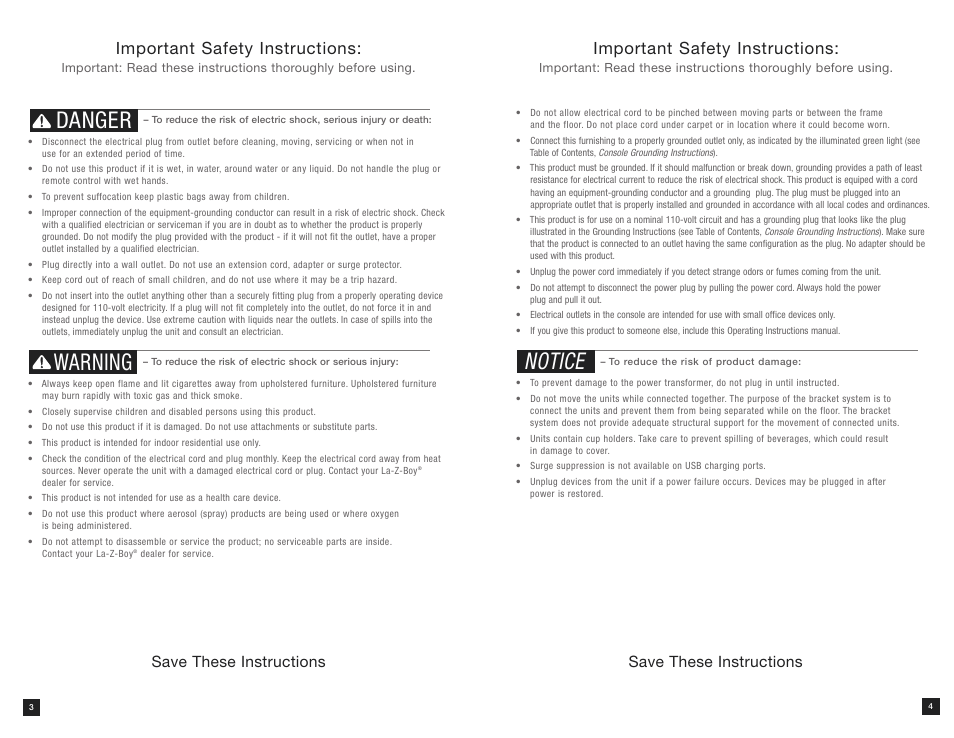 Danger warning, Notice, Important safety instructions | Save these instructions | La-Z-Boy Power Bundle Console User Manual | Page 3 / 16