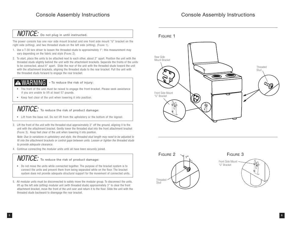 Notice, Warning, Console assembly instructions | La-Z-Boy Power Bundle Console User Manual | Page 4 / 16