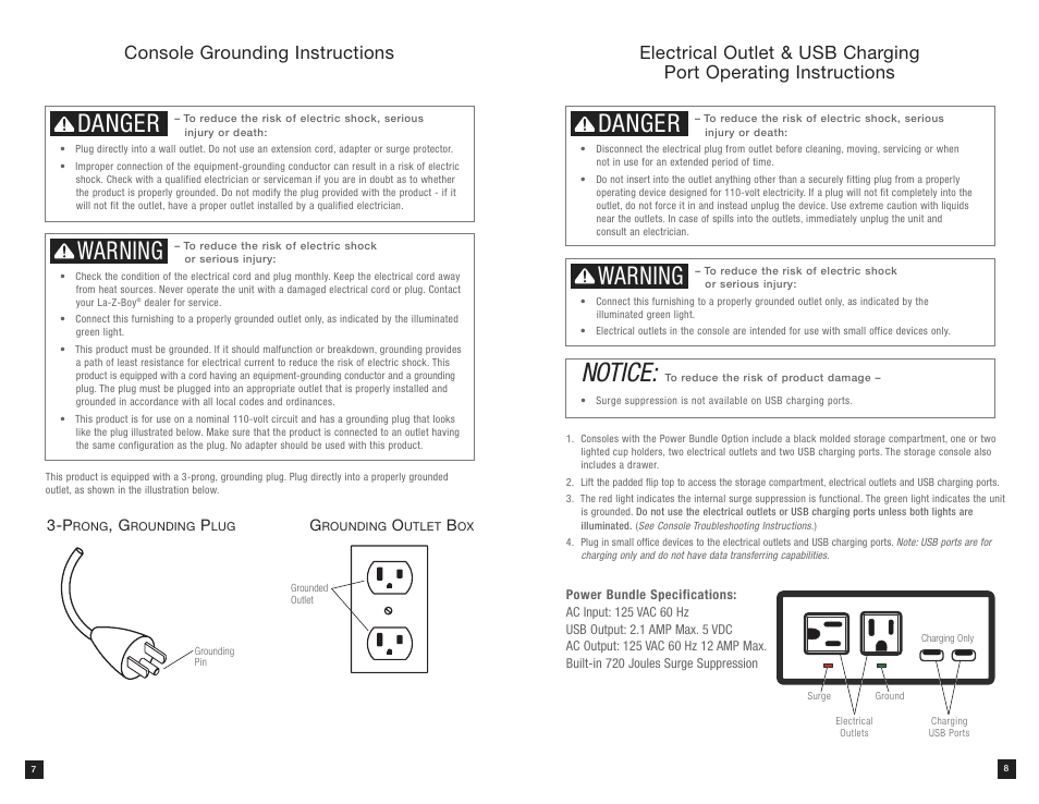 Notice, Danger, Warning | Console grounding instructions | La-Z-Boy Power Bundle Console User Manual | Page 5 / 16