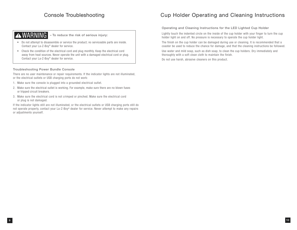 Warning, Console troubleshooting, Cup holder operating and cleaning instructions | La-Z-Boy Power Bundle Console User Manual | Page 6 / 16
