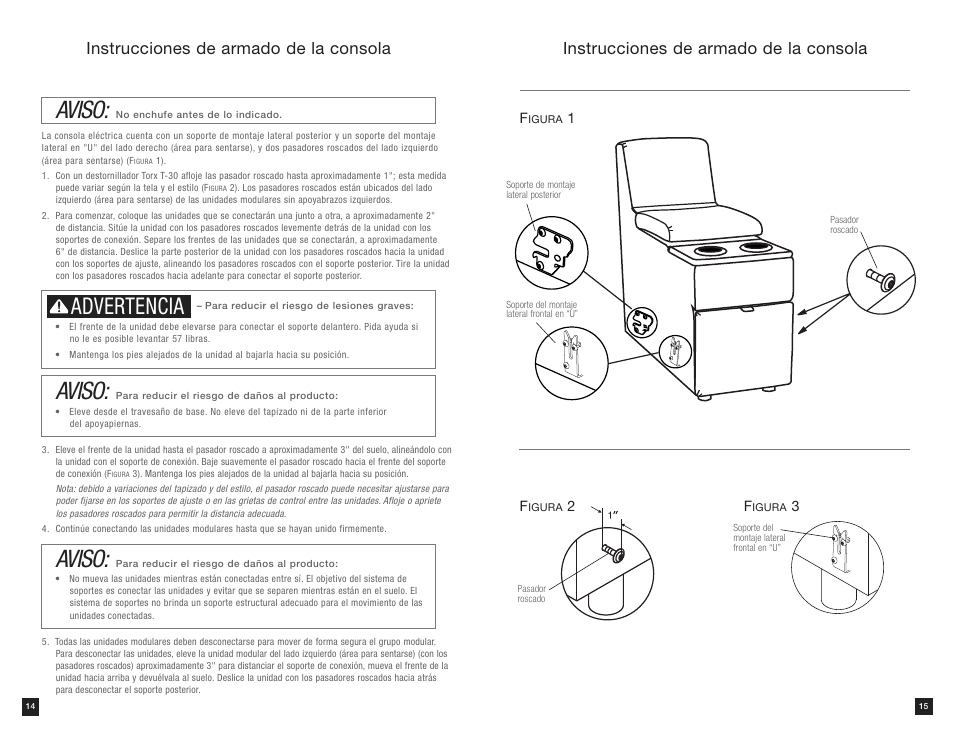 Aviso, Advertencia, Instrucciones de armado de la consola | La-Z-Boy Power Bundle Console User Manual | Page 9 / 16