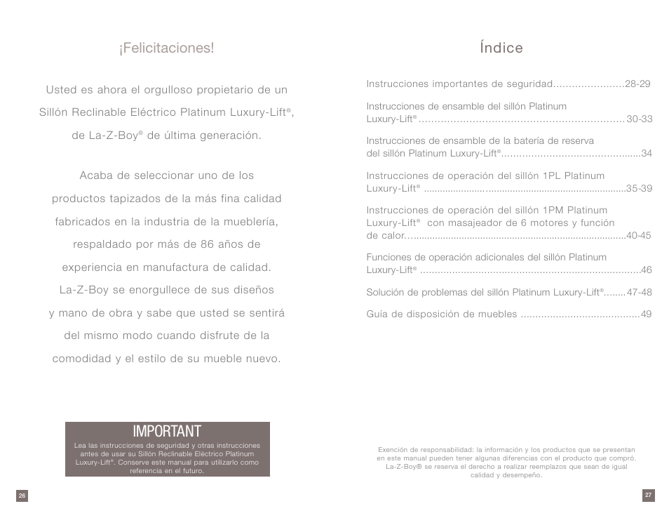 Important, Índice, Felicitaciones | La-Z-Boy Platinum Luxury-Lift Power Recliner User Manual | Page 14 / 38