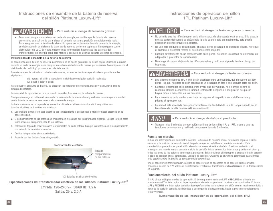 Peligro, Advertencia, Aviso | La-Z-Boy Platinum Luxury-Lift Power Recliner User Manual | Page 18 / 38