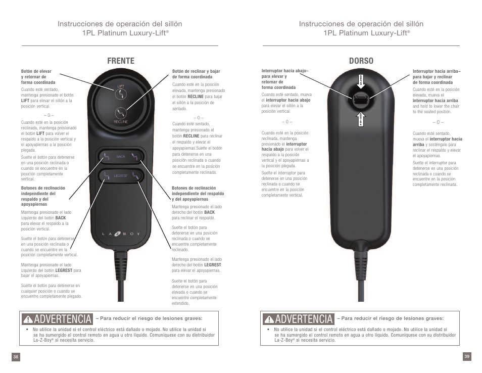 Advertencia, Dorso, Frente | La-Z-Boy Platinum Luxury-Lift Power Recliner User Manual | Page 20 / 38